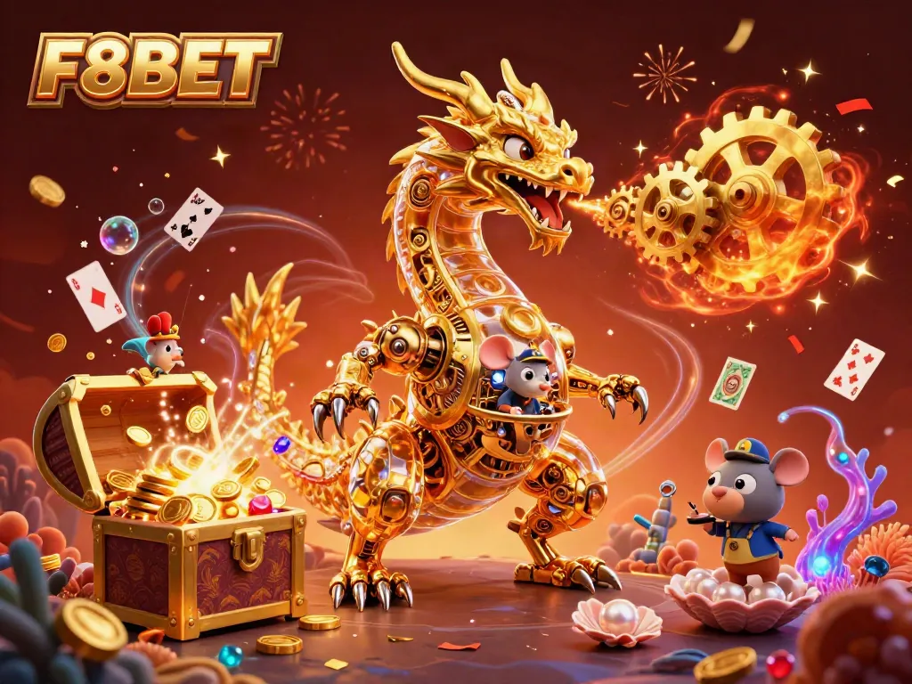 Experience F8BET thrills with a majestic dragon and treasures in this vibrant casino illustration.