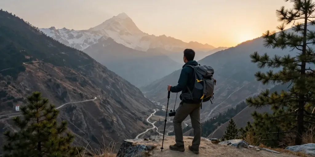 El trek to Manaslu Circuit con un viajero mirando el paisaje montañoso al atardecer.