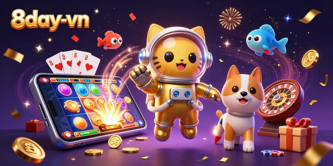 Experience thrilling wins at 8day-vn, featuring a vibrant casino scene with rich gaming elements and joyful characters.