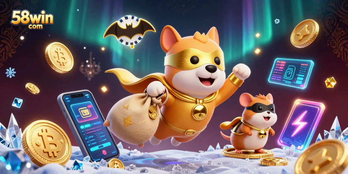 Experience the excitement of 58win com with a cartoon superhero dog and sidekick in a dynamic casino scene.