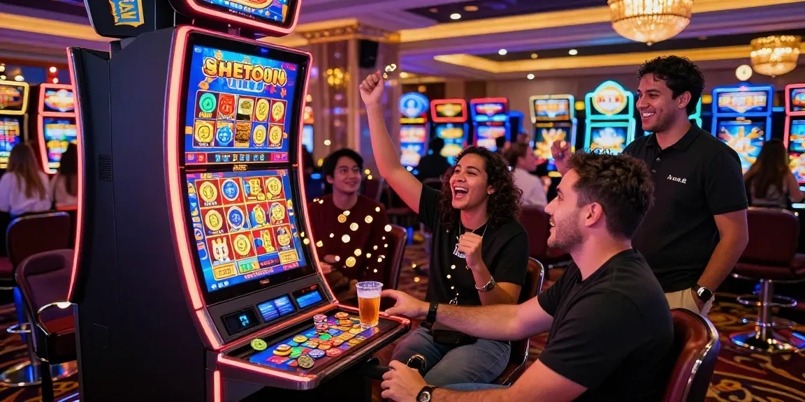 Exciting group celebrating big win on a slot gacor machine at a vibrant casino.