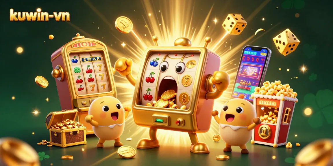 kuwin-vn showcases a golden slot machine hitting a jackpot in a vibrant casino scene.