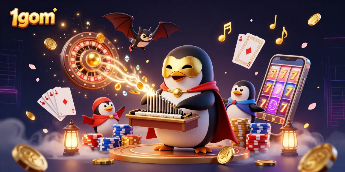 Engage with 1gom by experiencing a thrilling scene of a phantom penguin playing for golden wins in a vibrant casino