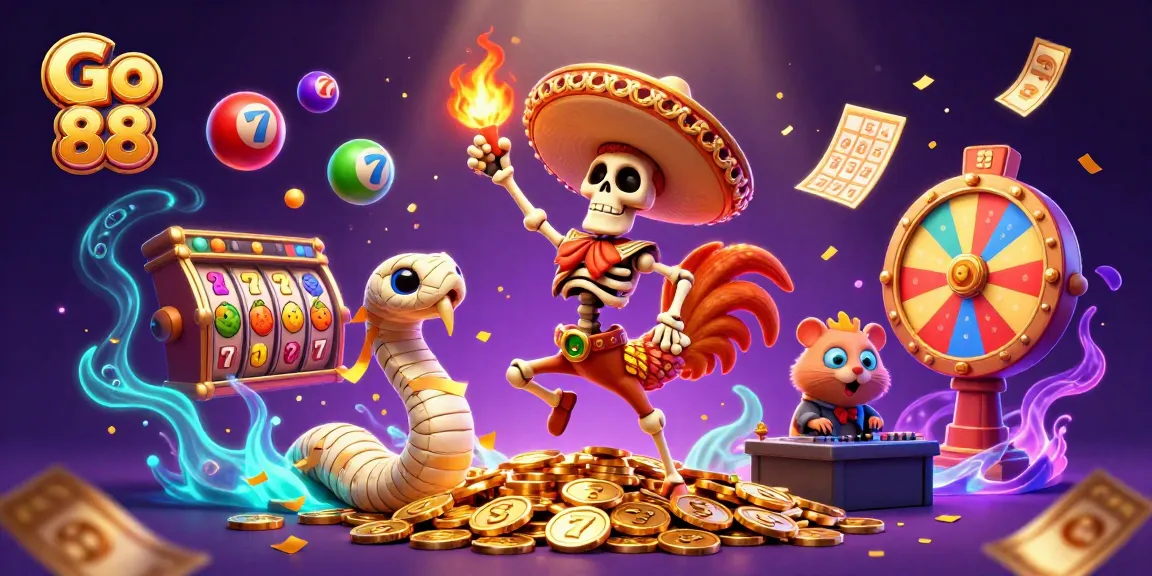 Engage in thrilling slots action at Go 88, featuring vibrant characters and dynamic casino elements.
