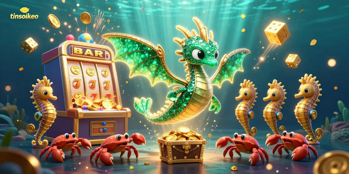 tinsoikeo showcases a vibrant underwater casino scene featuring a sea dragon amidst a burst of jackpot elements.