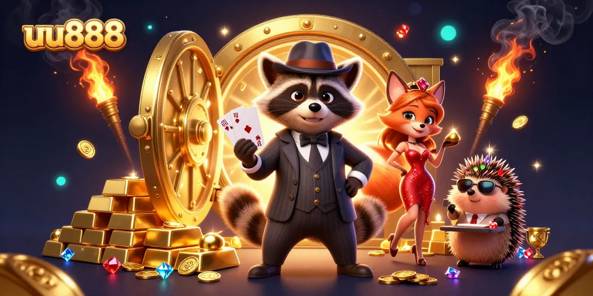 Play exciting games at uu888 with a suave raccoon, a stunning fox, and a hedgehog bouncer celebrating big wins!