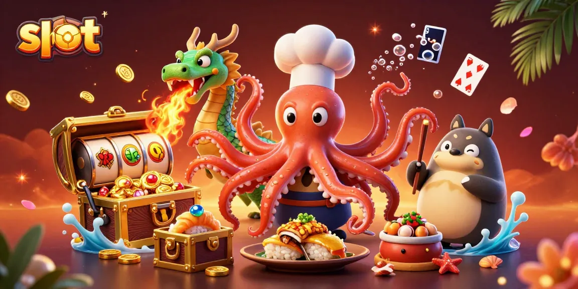 Spin exciting slot games with a sushi chef octopus, fiery dragon, and tanuki in a vibrant casino scene.