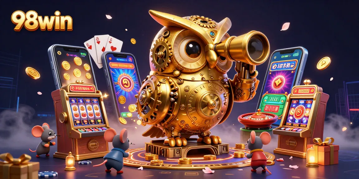 Play colorful slots on 98win with a cartoon clockwork owl in an engaging casino scene.