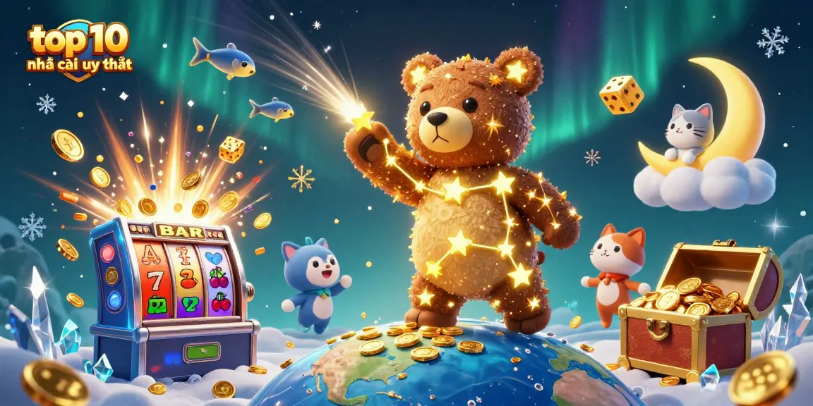 Engaging 3D illustration showcasing the top 10 nhà cái uy tín with dynamic casino elements and cartoon characters.