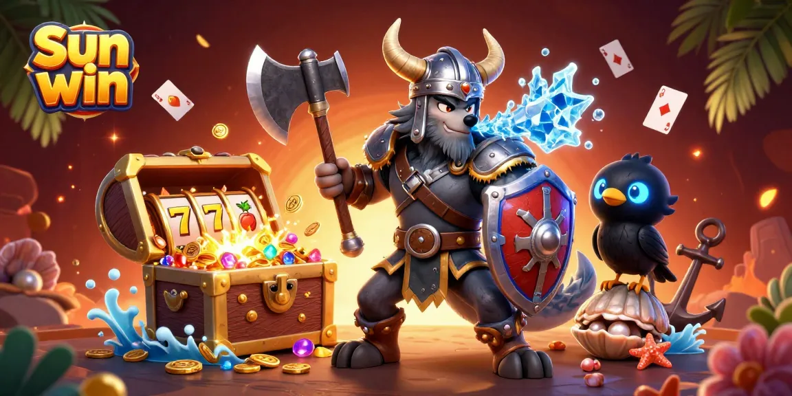 Spin and win with Sun win: experienced wolf warrior and dragon in a rich casino scene.