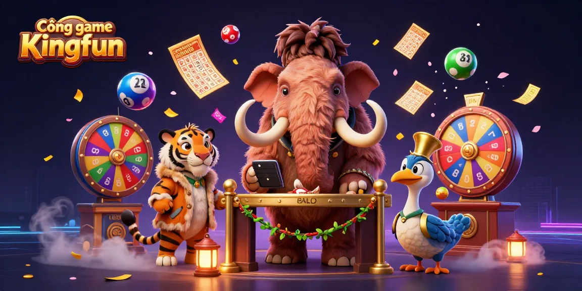 Cổng game Kingfun showcases a vibrant 3D casino scene with animated characters and engaging elements for players.
