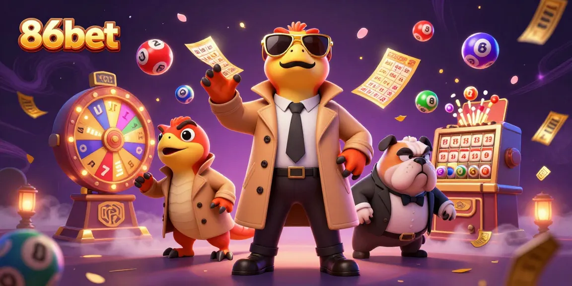 Engage with 86bet in a vibrant casino scene featuring playful raptors and dynamic lottery elements.
