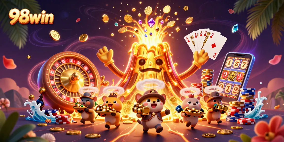 Experience thrilling wins at 98win with a vibrant illustration of cascading coins and treasure-filled adventures.