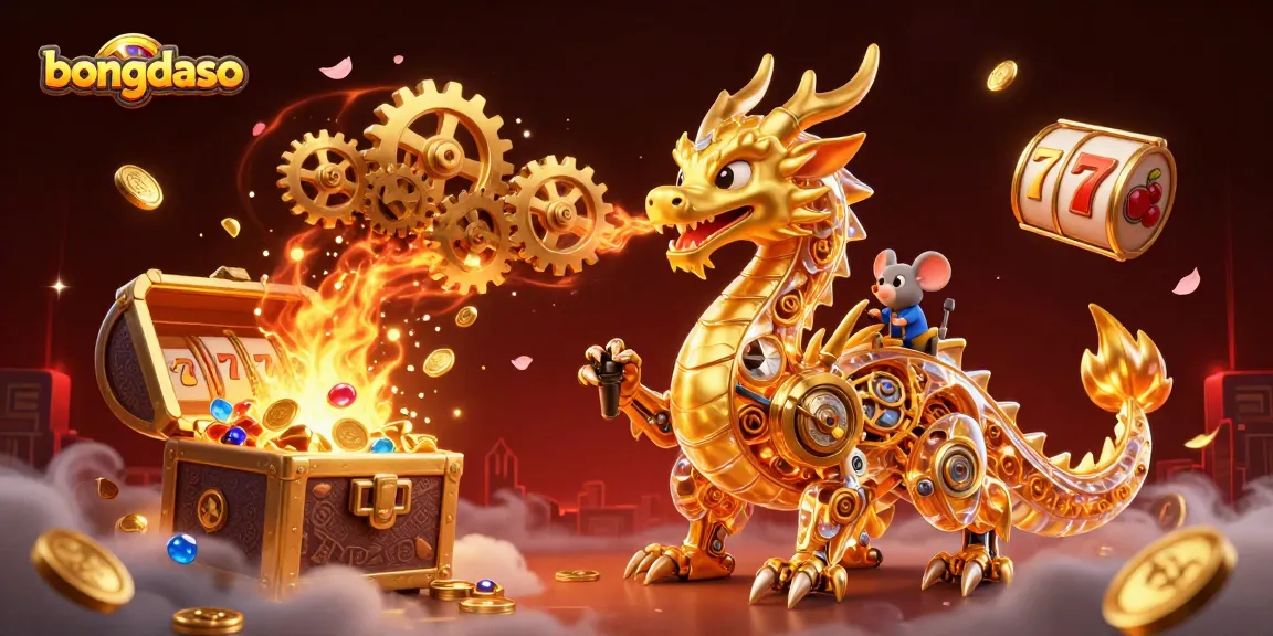 Bongdaso unleashes exhilarating gameplay with a golden dragon and slot reels amid treasures!