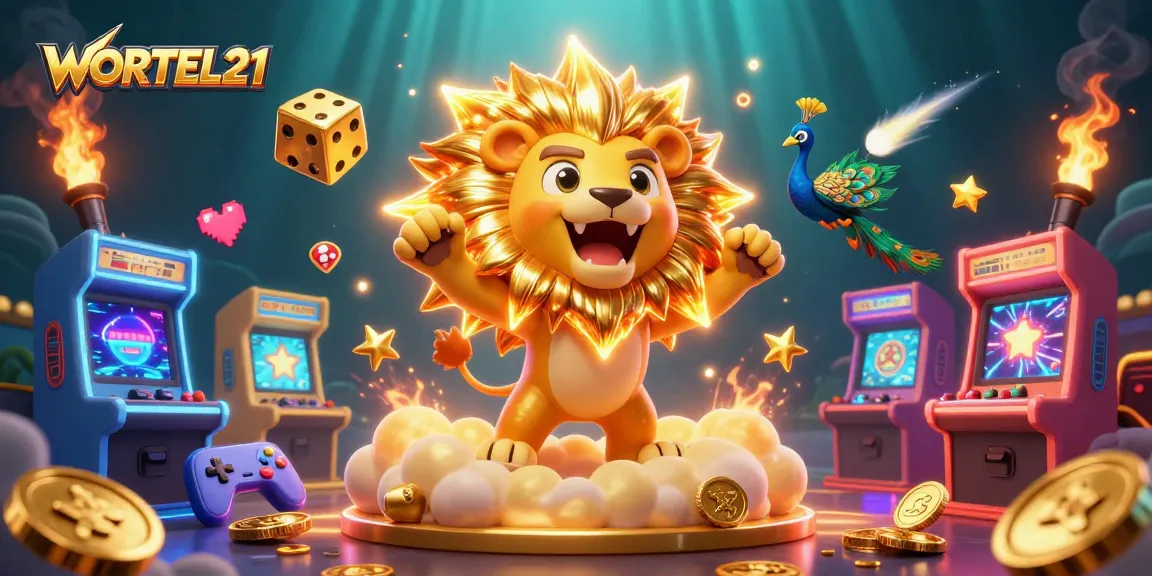 WORTEL21 showcases a triumphant lion and dazzling dice in a vibrant casino scene.