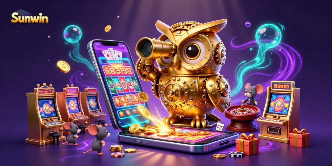 Win big at Sunwin with the exciting golden owl overseeing casino games and animated patrons.
