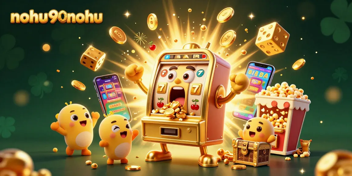 Experience excitement at nohu90nohu with a golden slot machine hitting a jackpot, coins flying!