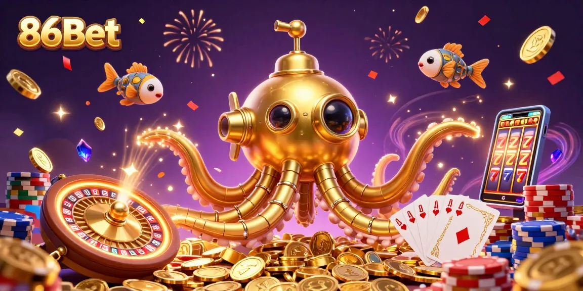 Spin and win at 86Bet with a vibrant 3D casino-themed illustration showcasing luxury gambling elements.