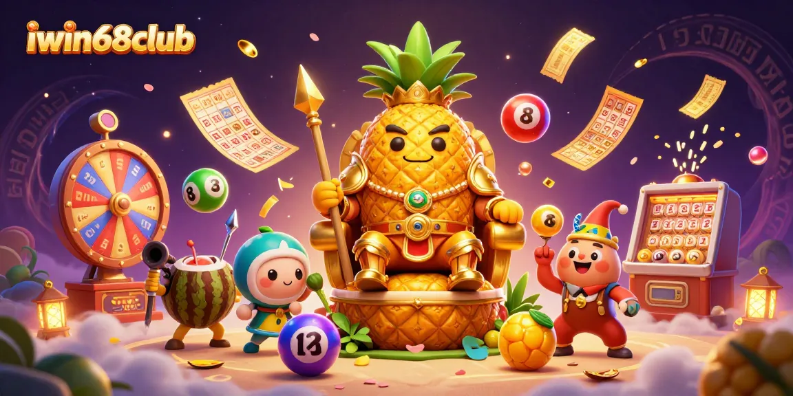 Experience the vibrant world of iwin68club with a dynamic casino scene featuring a golden pineapple king, lotto elements, and festive themes.