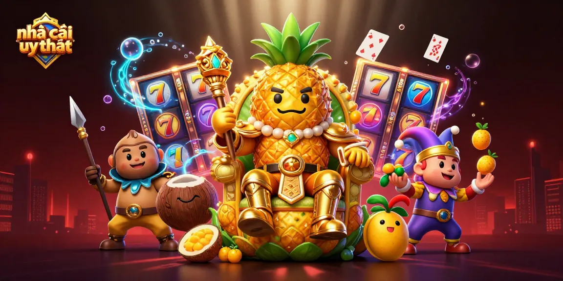 Experience the thrill of nhà cái uy tín in this vivid casino-inspired scene featuring a golden pineapple king.