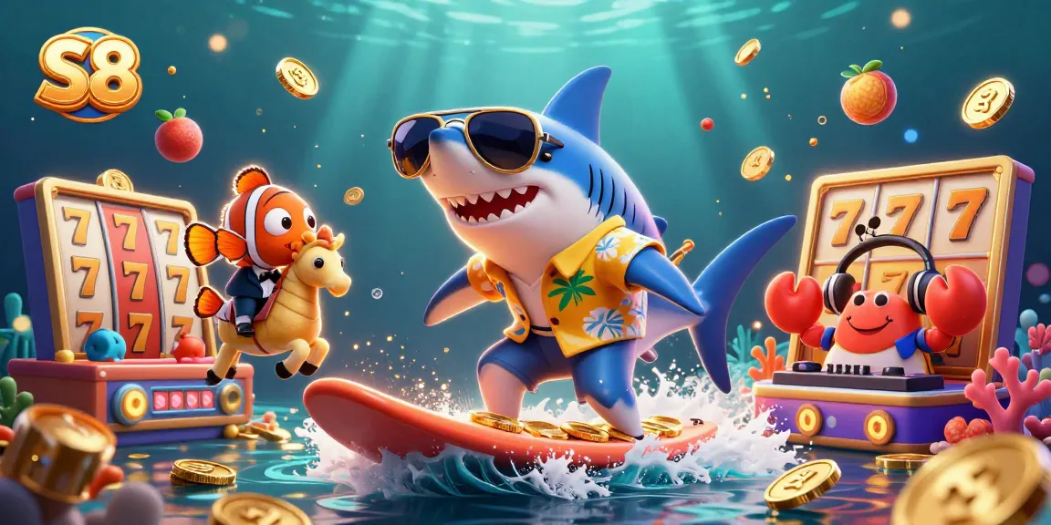 S8 presents a vibrant 3D scene featuring a shark surfing on coins, combined with playful slot gaming elements.
