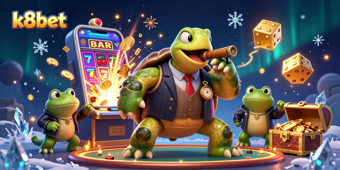 K8bet offers a vibrant gaming scene with a fun turtle in a mobster suit and frog enforcers enjoying slot games.