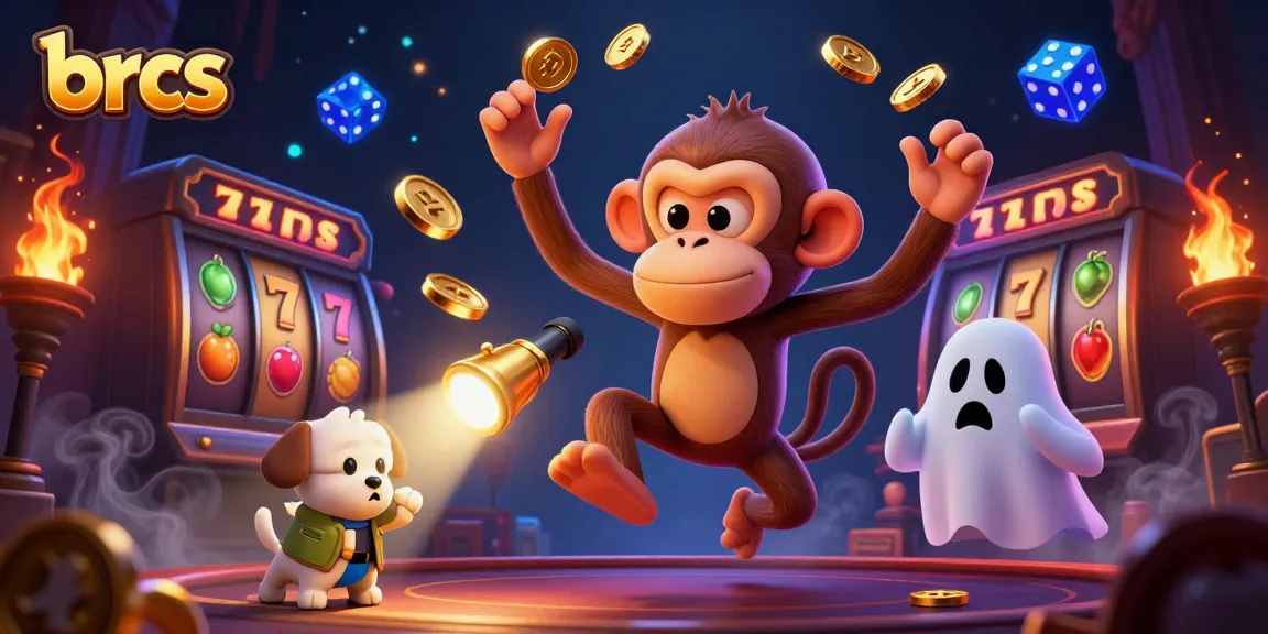 Engage with the vibrant brcs-themed casino illustration showcasing a playful poltergeist monkey and ghost-hunter puppy.