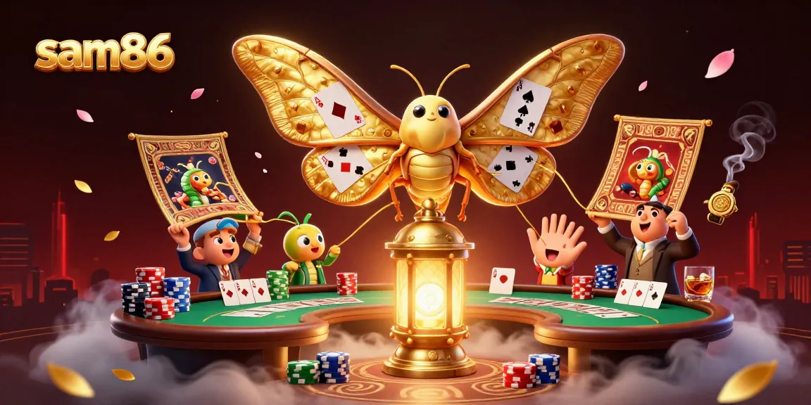 Get ready to win at sam86 with this vibrant 3D casino scene featuring a majestic moth and poker elements.