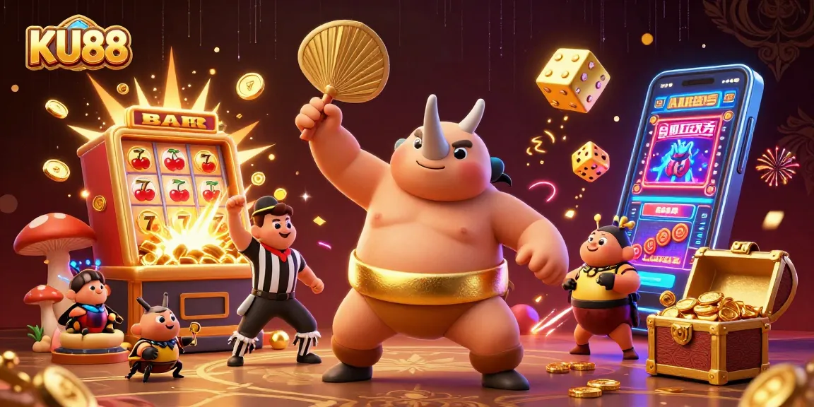 Experience the thrilling action of KU88 with a beetle champion amidst an explosion of casino elements.