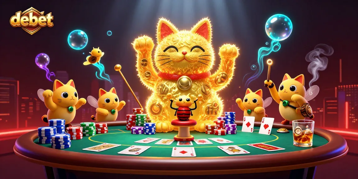 Experience the thrilling gameplay at debet with vibrant casino symbols and colorful poker elements.
