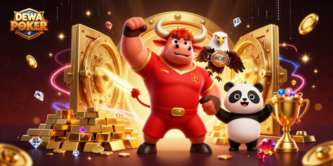 Experience the thrill of DEWAPOKER with cartoon characters celebrating gambling wins amidst gold treasure.