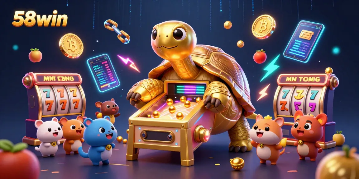 Experience thrilling wins at 58win with a vibrant animated casino scene featuring a golden tortoise pinball machine.