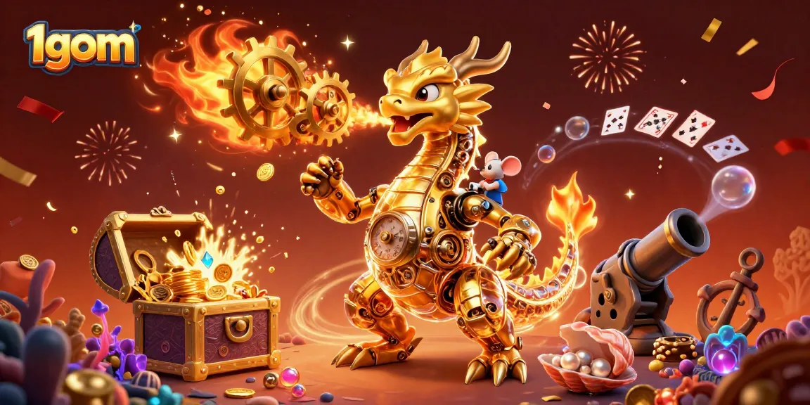 Engage with thrilling 1gom gameplay as the majestic biomechanical dragon breathes golden gears in a vibrant casino atmosphere.