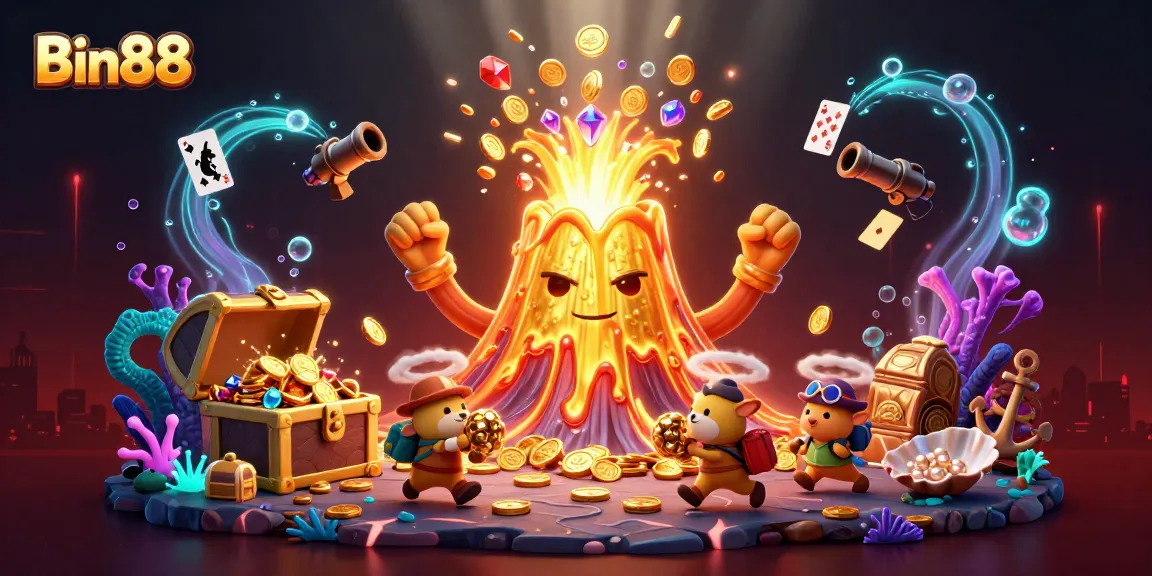 Join the Bin88 adventure with golden treasures and vibrant casino elements bursting with excitement!