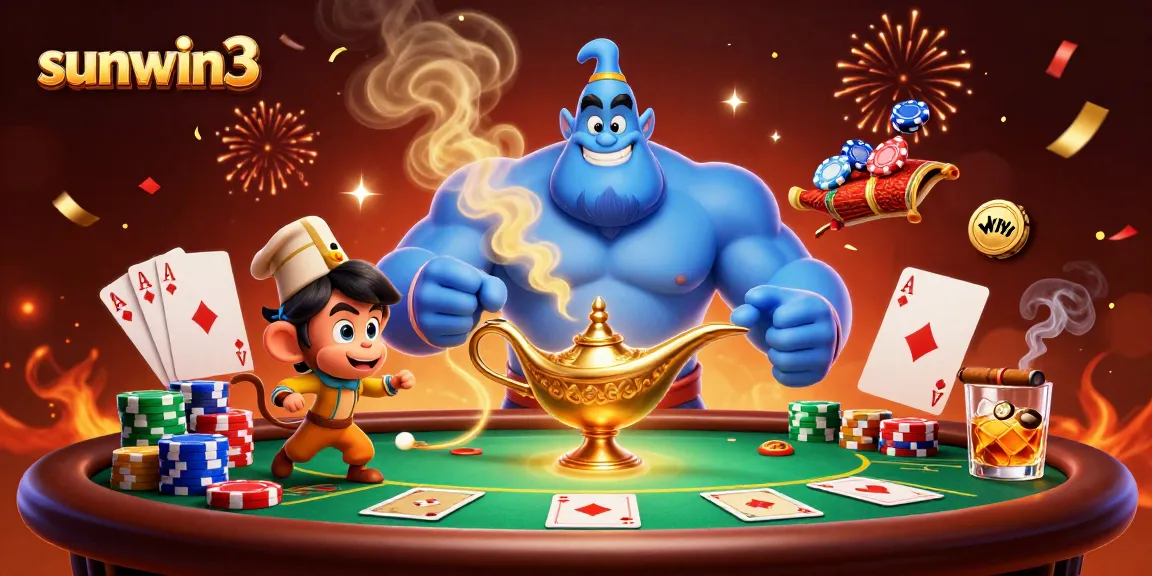 Experience the excitement of sunwin3 with a magical genie, poker chips, and vibrant casino elements.