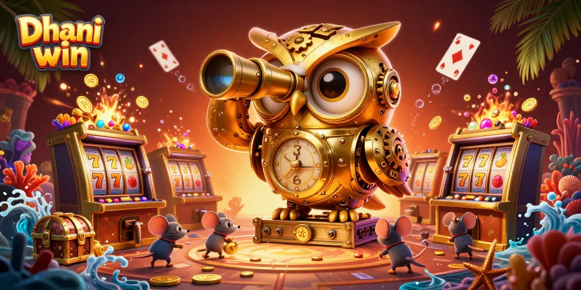 Dhani win showcases a lively casino scene with a clockwork owl, lively mice, and slot machines amidst vibrant treasures.