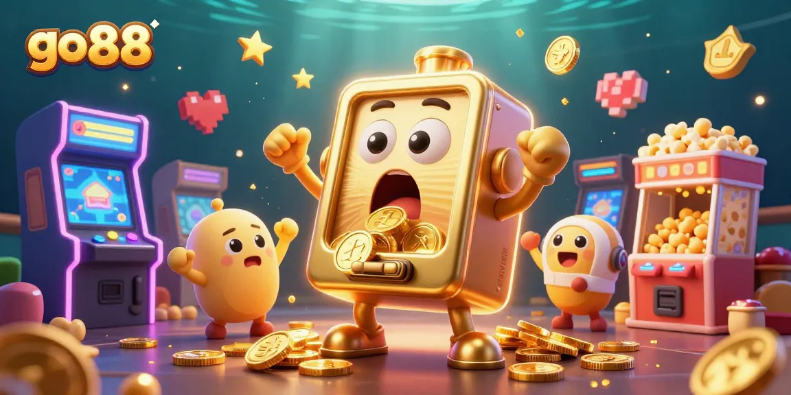 Engage with go 88 as the shocking slot machine hits a jackpot, celebrating with coins and cheering baby machines.