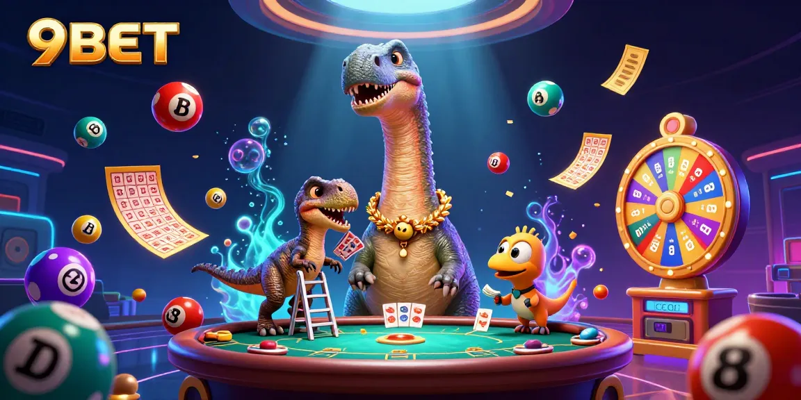 Engage with the vibrant atmosphere of 9BET casino, featuring a playful brontosaurus and raptor in an exciting gaming scene.
