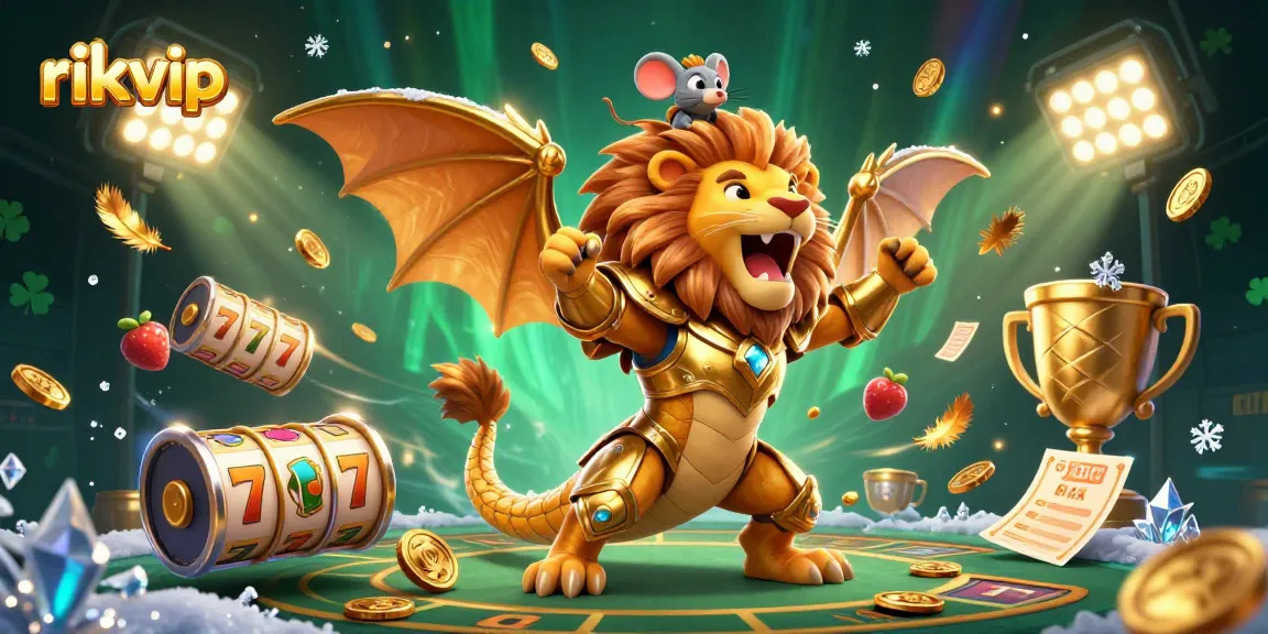 Win big at rikvip with an epic golden chimera, slot reels, and dazzling casino elements.