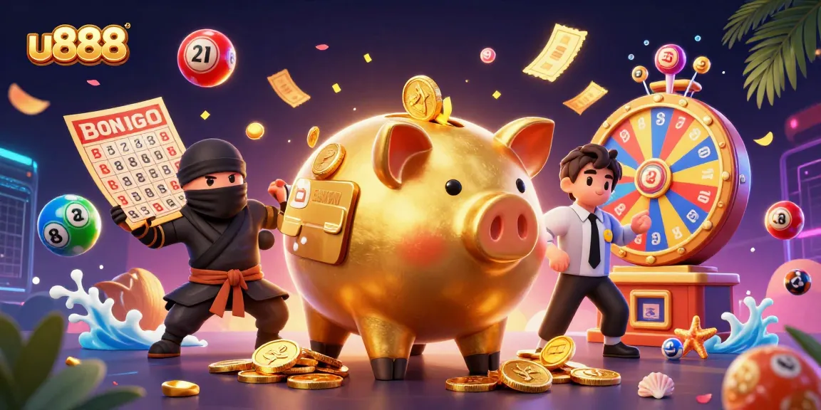 Experience the thrilling action of u888 with golden coins, vibrant games, and exciting characters in this colorful casino illustration.