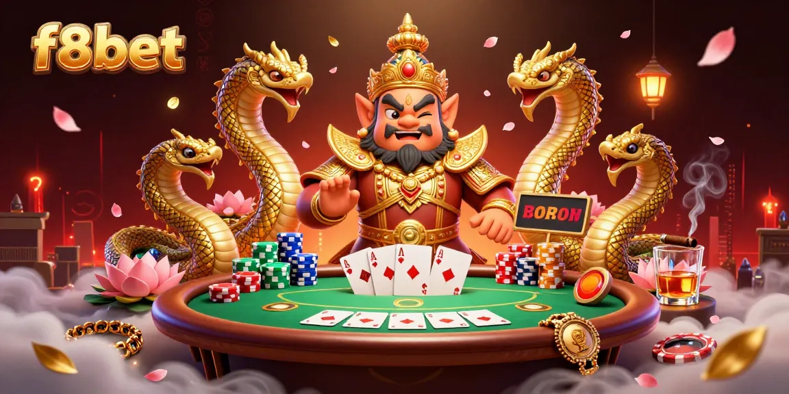 The f8bet casino scene features a friendly yaksha surrounded by poker elements, ideal for gaming enthusiasts.