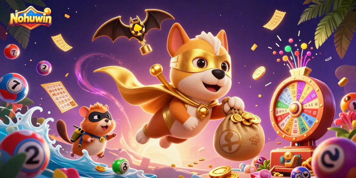 Nohuwin celebrates with a 3D superhero dog flying and coins raining down in an exciting casino scene.