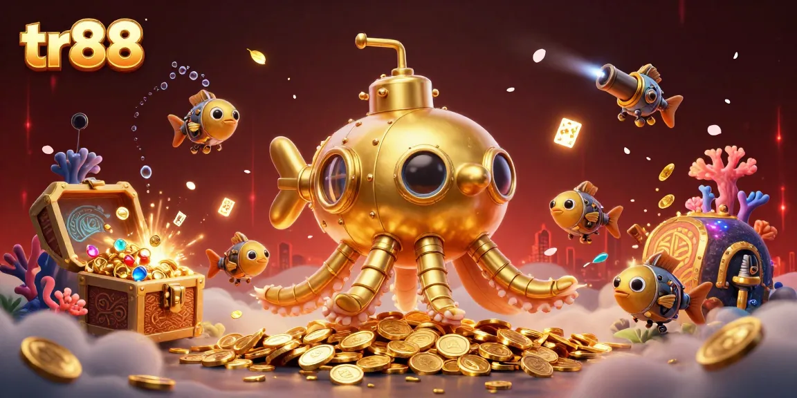 Experience gaming excitement with tr88 as a golden kraken submarine navigates a sea of coins and cards.