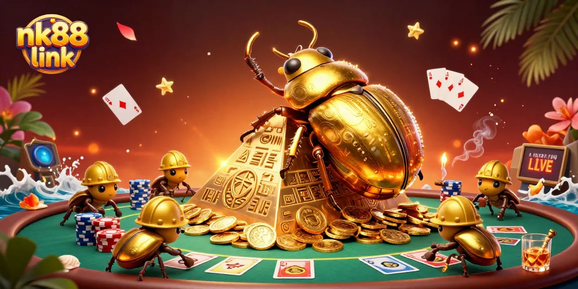 Place bets strategically with nk88 link in this vibrant casino scene featuring golden coin treasures.