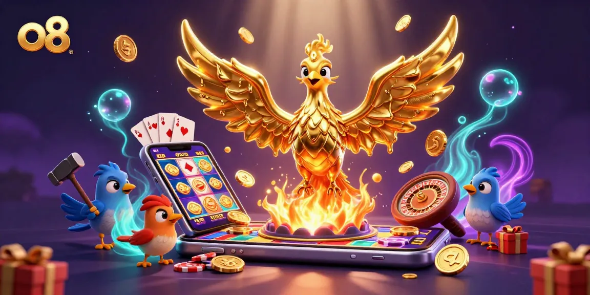 Experience the magic of o8 with a golden phoenix emerging from a forge amidst cascading coins and vibrant casino elements.