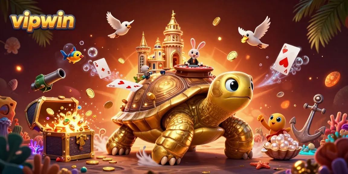 Experience the excitement of vipwin with a vibrant 3D casino scene featuring a golden tortoise and a rabbit dealer.