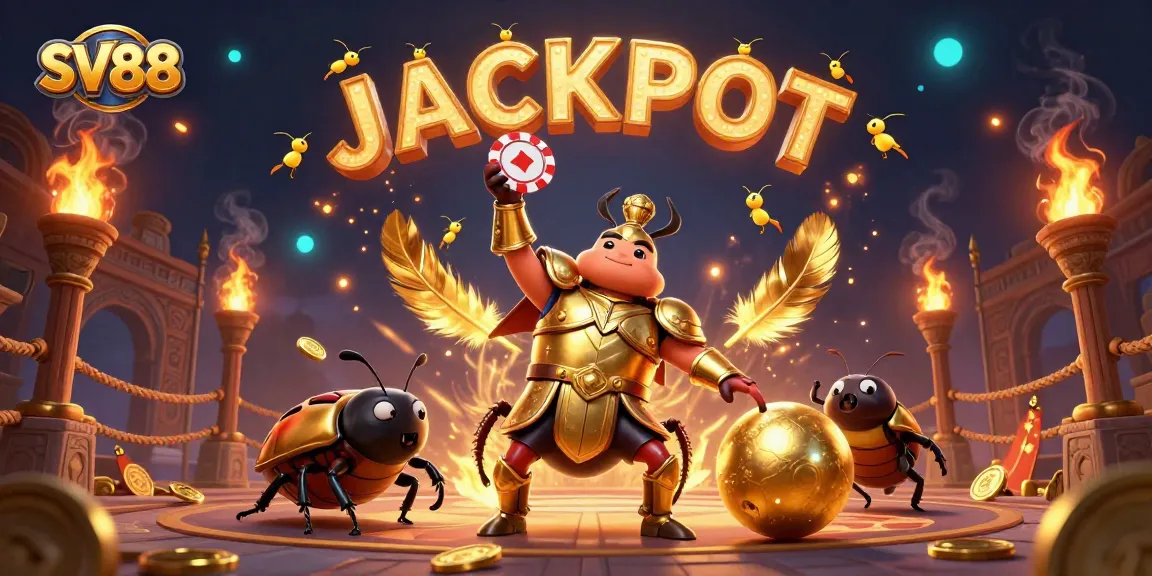 Win big with SV88 in this vibrant casino scene featuring 3D beetles and jackpot fireworks.