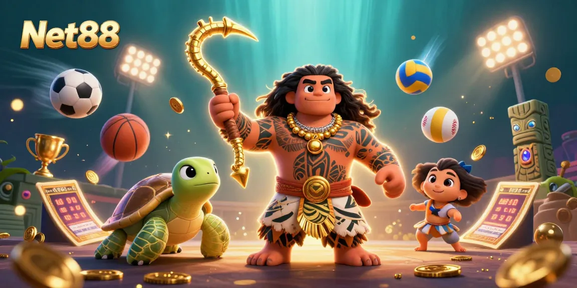 Engage with Net88's dynamic sports betting scene featuring a Polynesian demigod and vibrant elements.