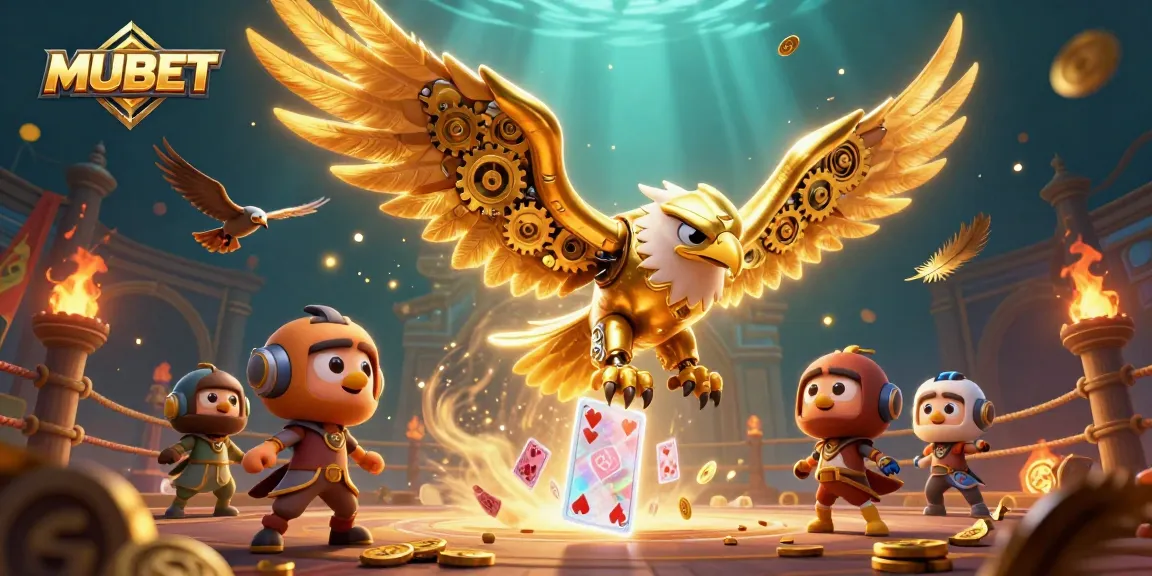 MUBET showcases an energetic scene with a cybernetic eagle diving through playing cards, capturing the thrill of casino gaming.