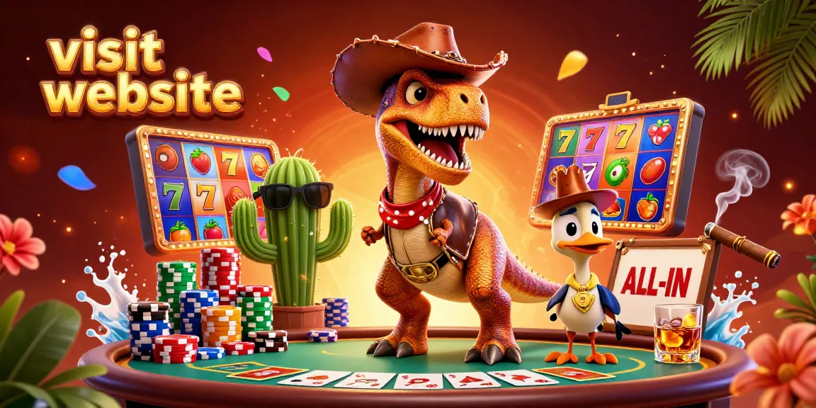 Engaging a lively casino scene featuring a cowboy dinosaur and friends as they visit website for gaming action.